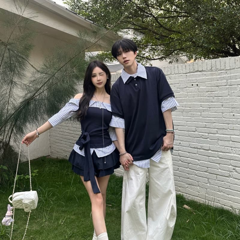 실사 커플 캐주얼 패치워크 페이크 레이어드 스트라이프 반팔 남녀 티셔츠 재고 있음 이미지 4