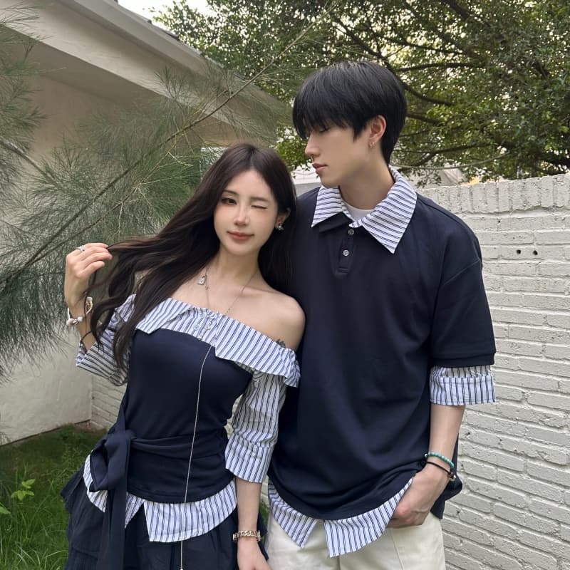 실사 커플 캐주얼 패치워크 페이크 레이어드 스트라이프 반팔 남녀 티셔츠 재고 있음 상세 이미지 7