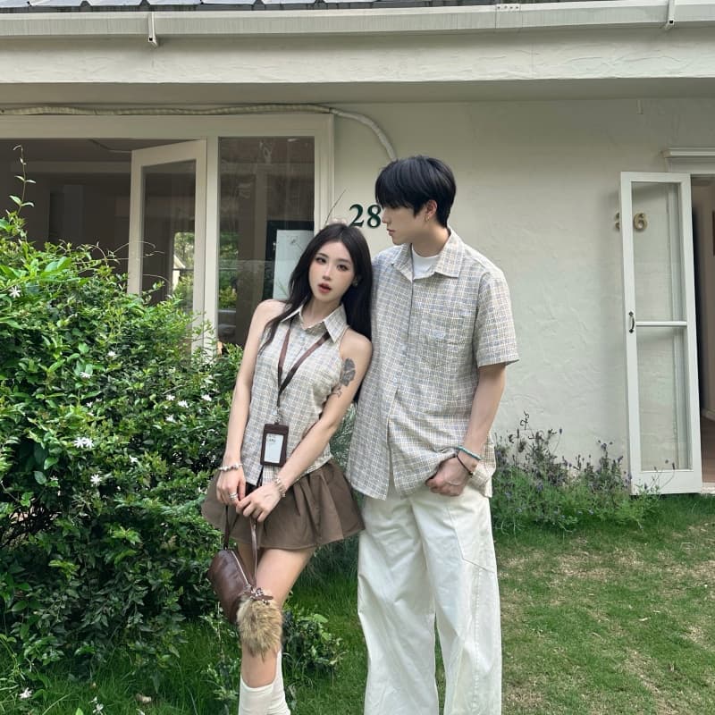 실사 커플 캠퍼스 바람 여름 반팔 셔츠 남녀 체크무늬 상세 이미지 4