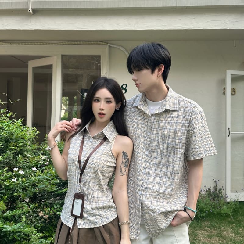 실사 커플 캠퍼스 바람 여름 반팔 셔츠 남녀 체크무늬 상세 이미지 5