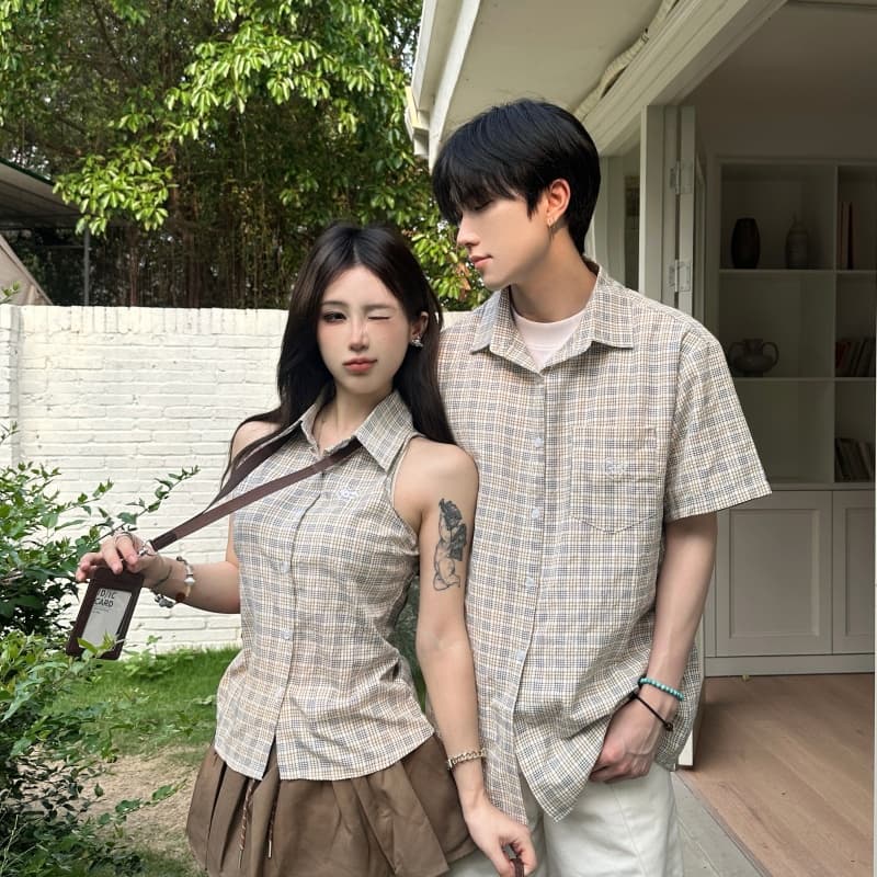 실사 커플 캠퍼스 바람 여름 반팔 셔츠 남녀 체크무늬 상세 이미지 6