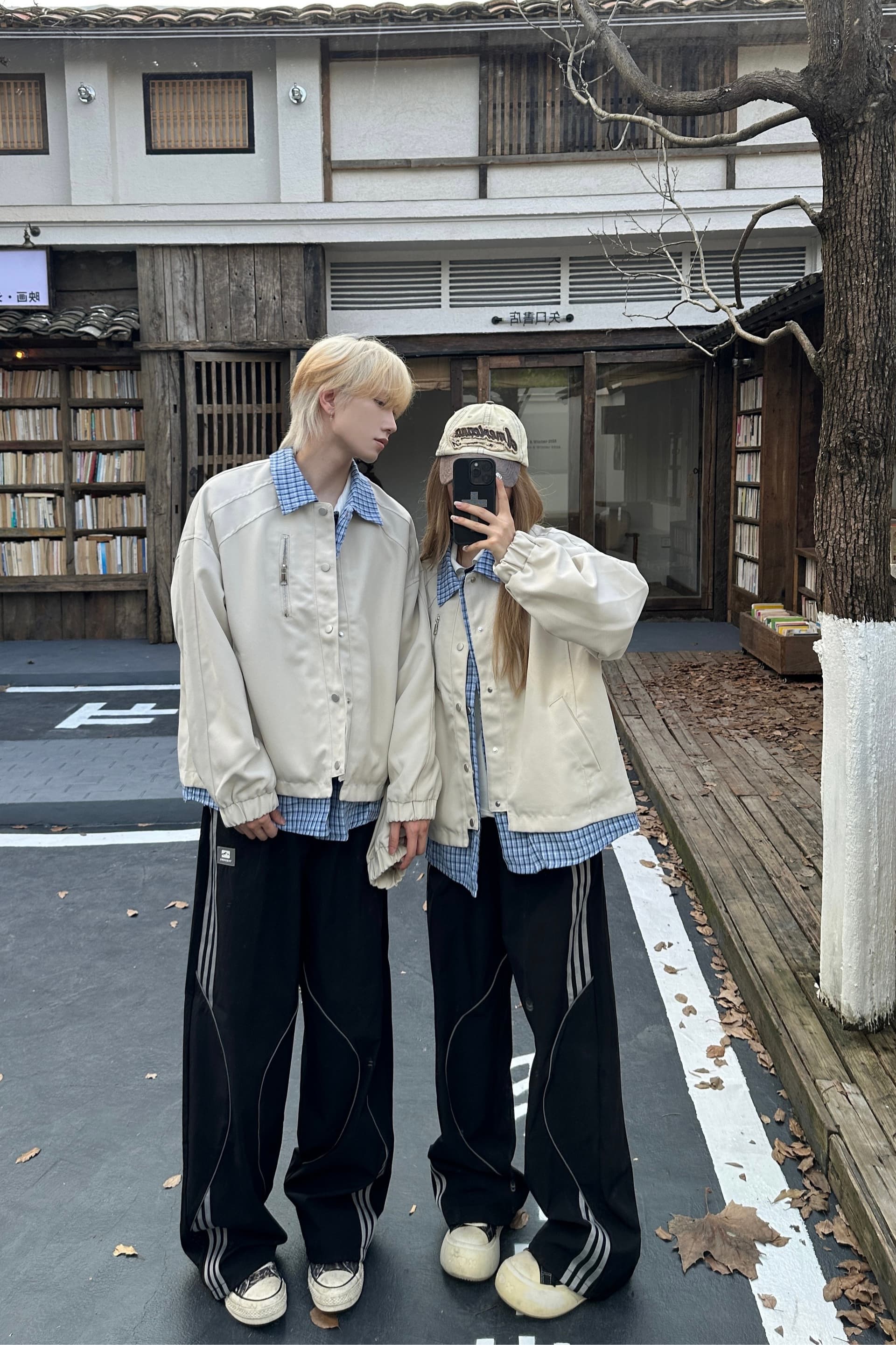 356# 실사 커플 가을 겨울 패치워크 셔츠 칼라 캐주얼 남녀 재킷 3종 세트 세트 이미지 7