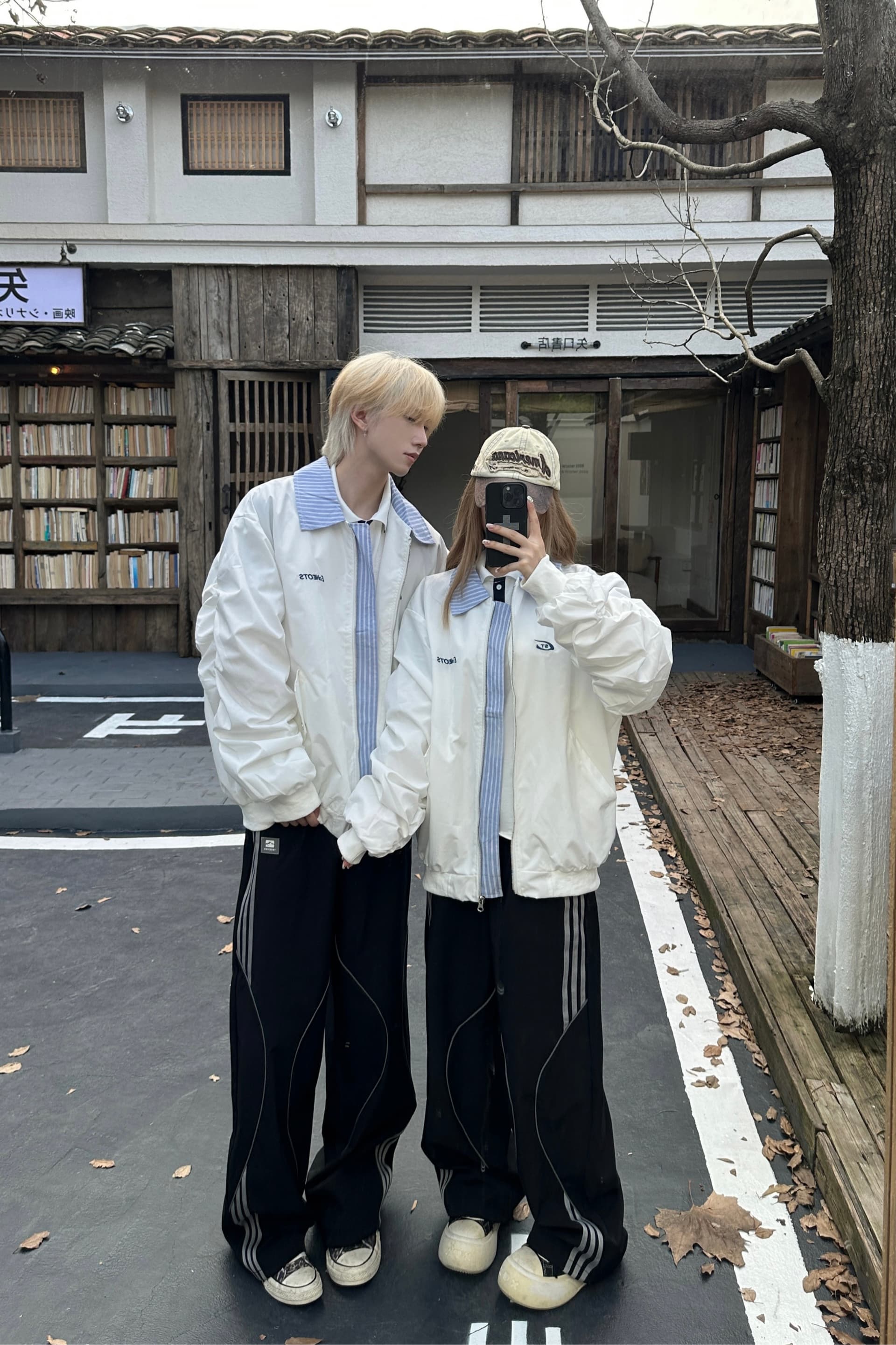 357# 실사 캠퍼스 바람 가을 겨울 학생 긴팔 패치워크 재킷 캐주얼 3종 세트 세트 이미지 7