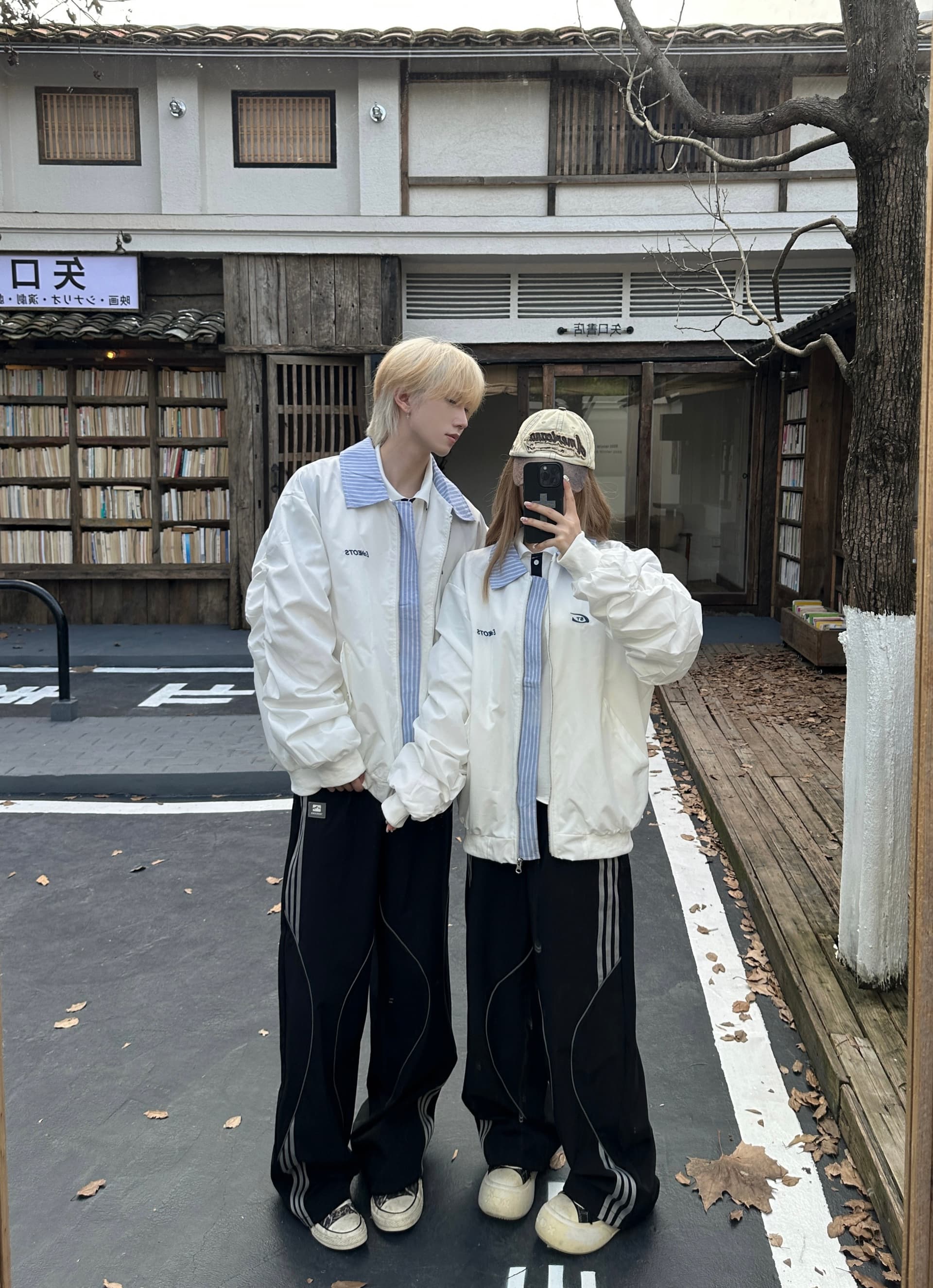 357# 실사 캠퍼스 바람 가을 겨울 학생 긴팔 패치워크 재킷 캐주얼 3종 세트 세트 상세 이미지 2