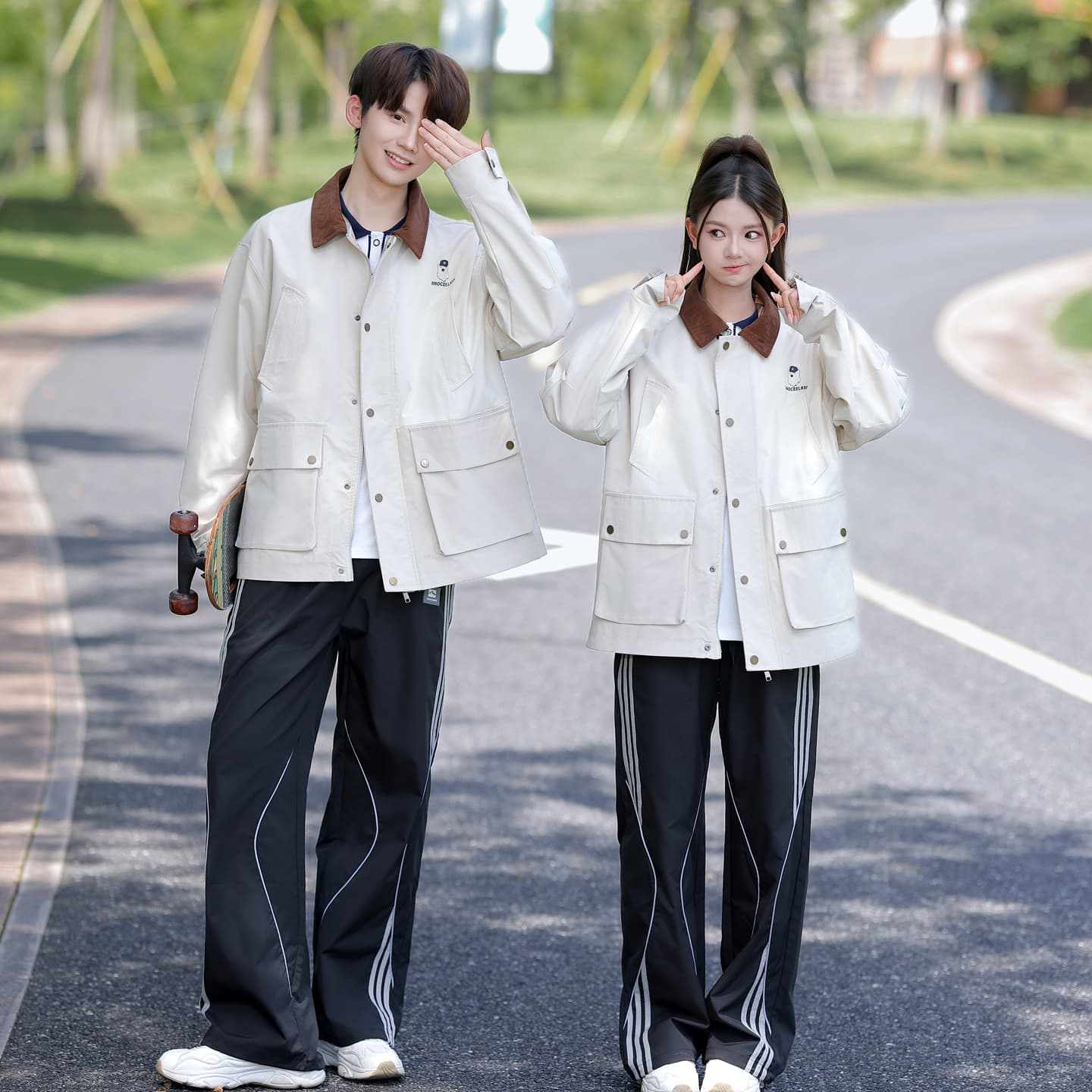 359# 실사 커플 캠퍼스 바람 가을 겨울 학생 캐주얼 재킷 재킷 남녀 세트 3종 세트 이미지 2
