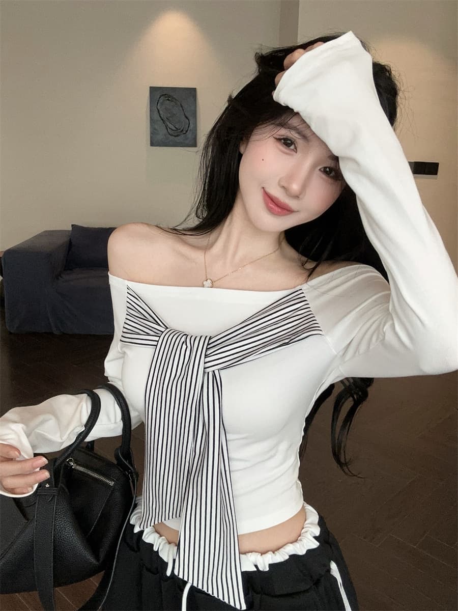 실사 정가 핫걸 레트로 디자인 센스 오프숄더 패치워크 백리스 스트라이프 스트랩 몸매 가꾸기 슬림해 보이는 맨위 여성 상세 이미지 1