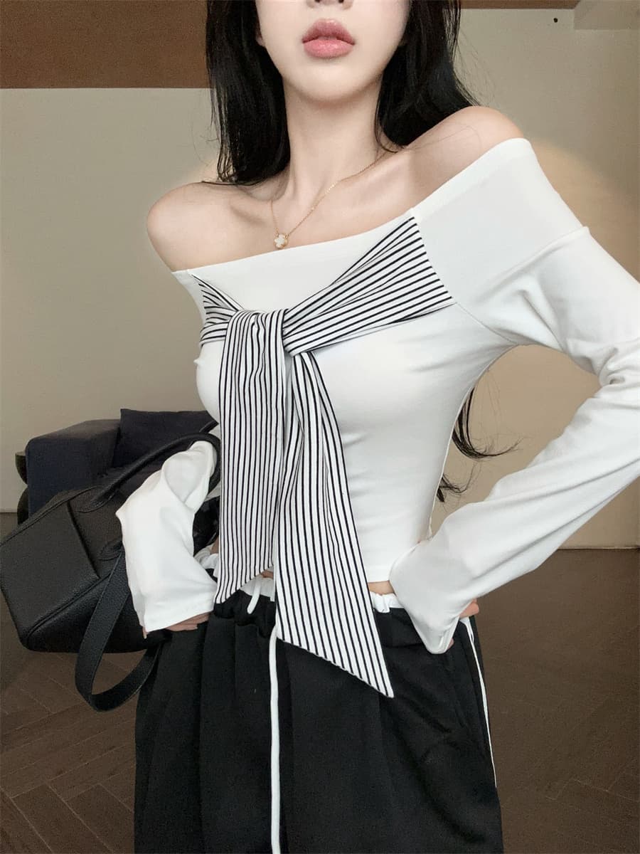 실사 정가 핫걸 레트로 디자인 센스 오프숄더 패치워크 백리스 스트라이프 스트랩 몸매 가꾸기 슬림해 보이는 맨위 여성 상세 이미지 15