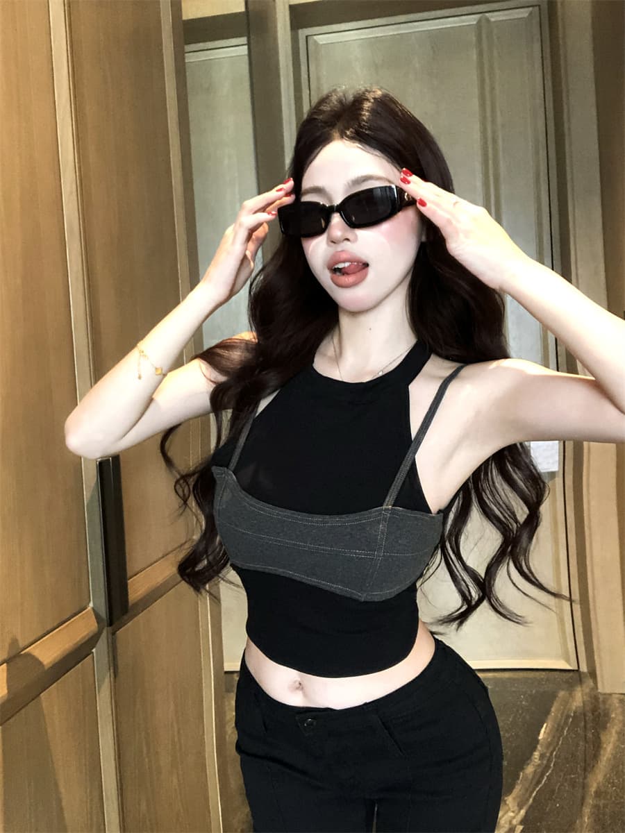 실사 정가 디자인 센스 순수한 욕망 차가운 매운맛 회색 싸움 블랙 배색 몸매 가꾸기 슬림해 보이는 섹시함 벨트 가슴 패드 캐미솔 상세 이미지 1