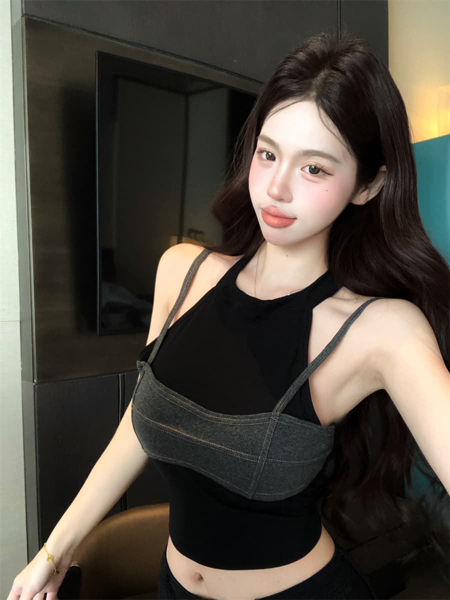 실사 정가 디자인 센스 순수한 욕망 차가운 매운맛 회색 싸움 블랙 배색 몸매 가꾸기 슬림해 보이는 섹시함 벨트 가슴 패드 캐미솔 상세 이미지 3