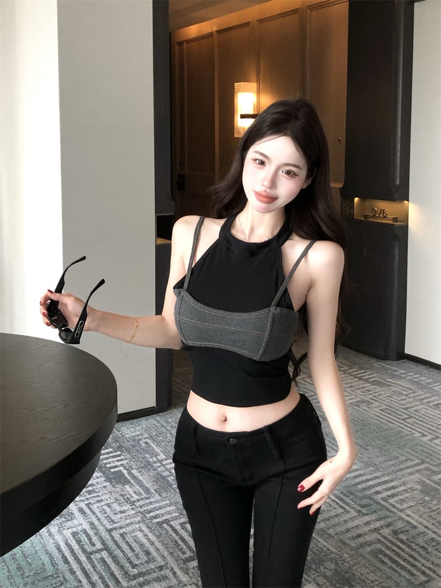 실사 정가 디자인 센스 순수한 욕망 차가운 매운맛 회색 싸움 블랙 배색 몸매 가꾸기 슬림해 보이는 섹시함 벨트 가슴 패드 캐미솔 상세 이미지 10