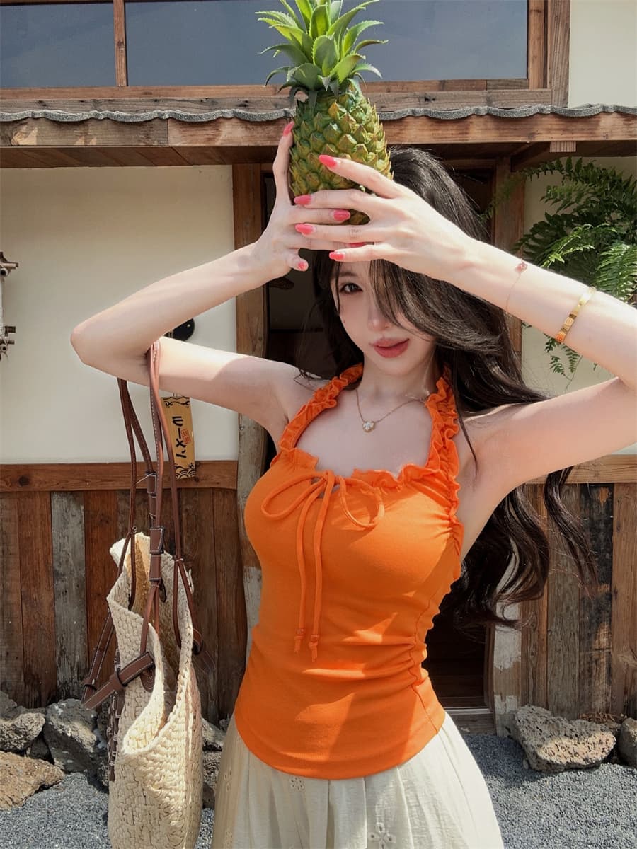 실사 정가 순수한 욕망 핫걸 고유 한 주황색 목이버섯 레이스 행침 목 캐미솔 이미지 4