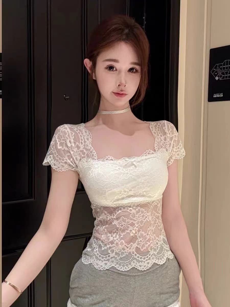 실사 핫걸 섹시함 홀로우 아웃 통기성 새싹 리본 가슴 패드 몸매 가꾸기 다용도 기본 셔츠 맨위 여성 상세 이미지 1