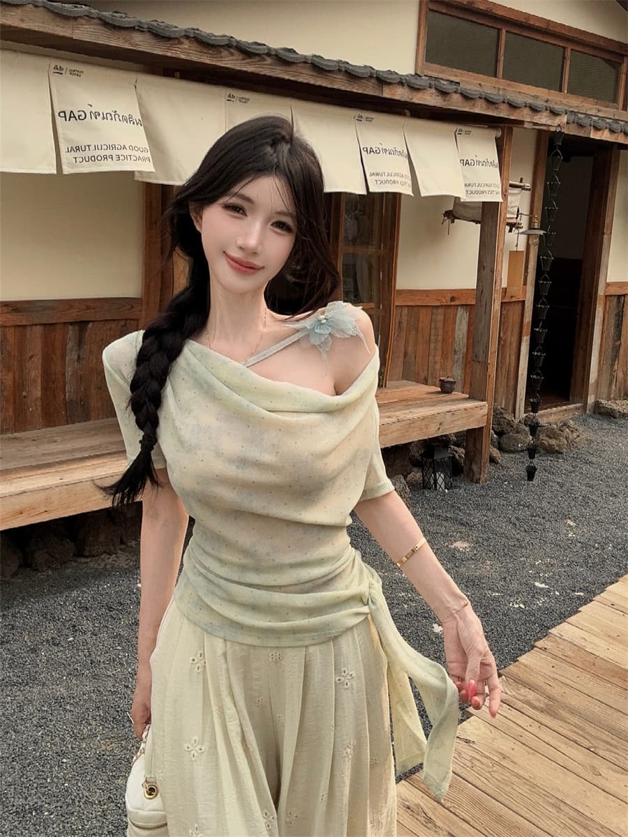 실사 정가 디자인 센스 나비 꽃 장식 망사 렌더링 불규칙 흔들다 칼라 몸매 가꾸기 슬림해 보이는 티셔츠 여성 상세 이미지 5