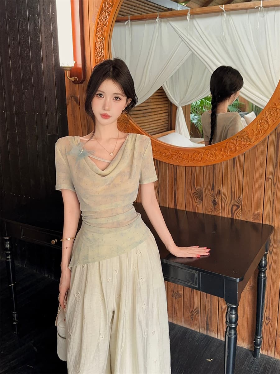 실사 정가 디자인 센스 나비 꽃 장식 망사 렌더링 불규칙 흔들다 칼라 몸매 가꾸기 슬림해 보이는 티셔츠 여성 상세 이미지 9