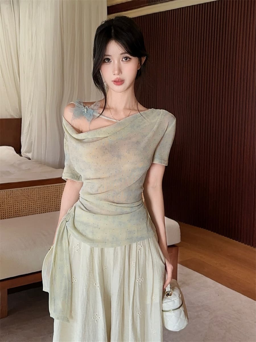 실사 정가 디자인 센스 나비 꽃 장식 망사 렌더링 불규칙 흔들다 칼라 몸매 가꾸기 슬림해 보이는 티셔츠 여성 상세 이미지 10