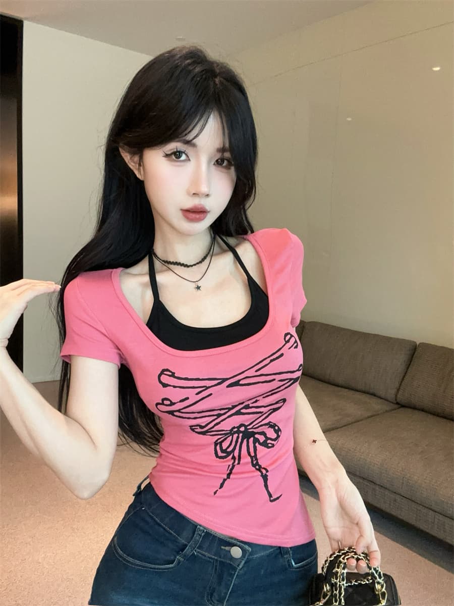 실사 정가 달콤한 핫걸 섹시함 행침 목 스트랩 불규칙 패치워크 페이크 레이어드 프린트 몸매 가꾸기 반팔 티셔츠 상세 이미지 1