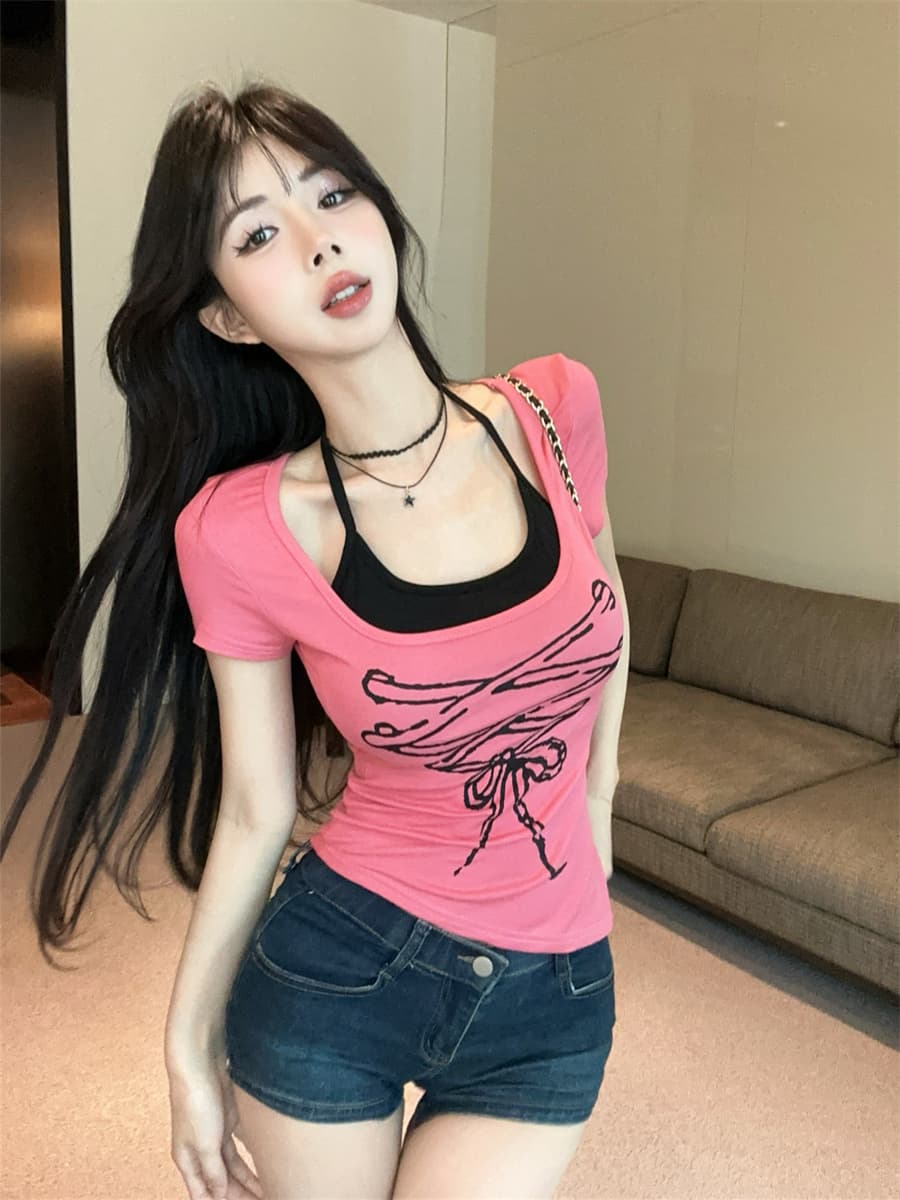 실사 정가 달콤한 핫걸 섹시함 행침 목 스트랩 불규칙 패치워크 페이크 레이어드 프린트 몸매 가꾸기 반팔 티셔츠 상세 이미지 2