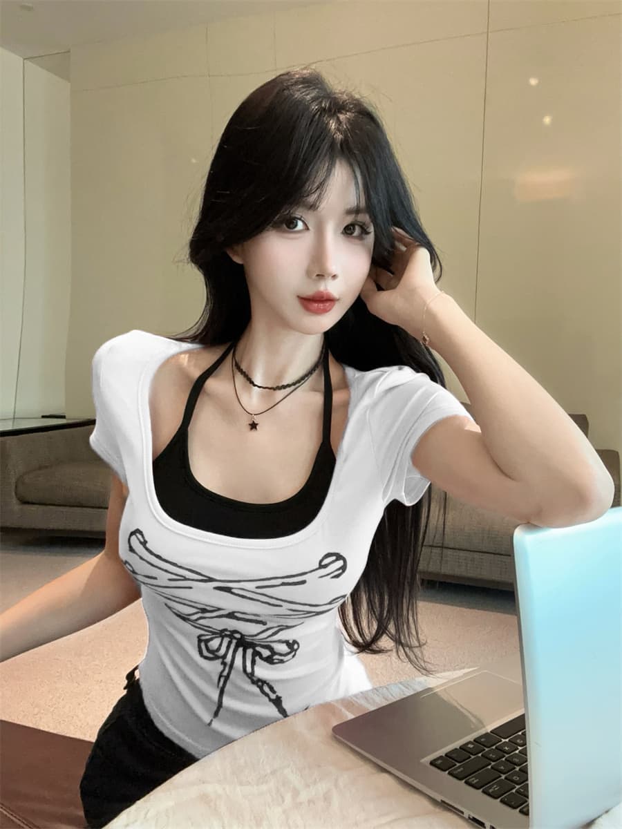 실사 정가 달콤한 핫걸 섹시함 행침 목 스트랩 불규칙 패치워크 페이크 레이어드 프린트 몸매 가꾸기 반팔 티셔츠 상세 이미지 9