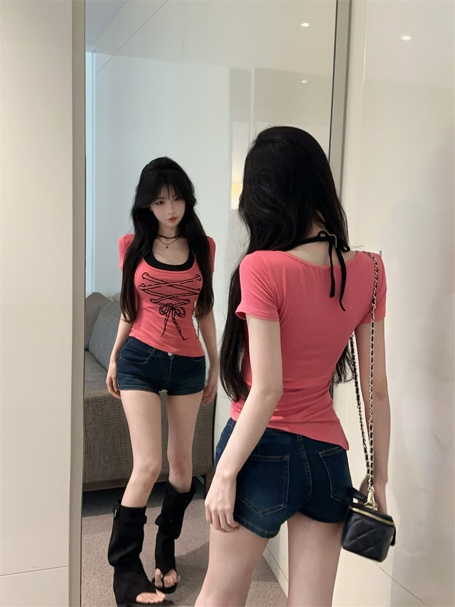 실사 정가 달콤한 핫걸 섹시함 행침 목 스트랩 불규칙 패치워크 페이크 레이어드 프린트 몸매 가꾸기 반팔 티셔츠 상세 이미지 13