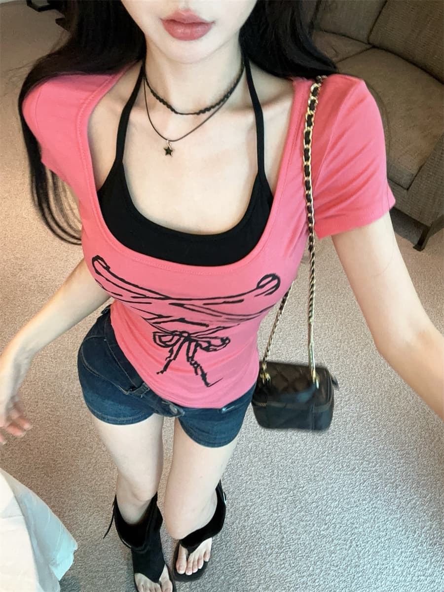 실사 정가 달콤한 핫걸 섹시함 행침 목 스트랩 불규칙 패치워크 페이크 레이어드 프린트 몸매 가꾸기 반팔 티셔츠 상세 이미지 16