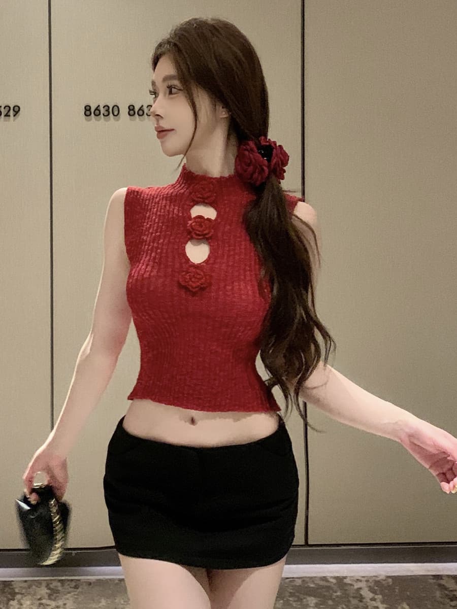 실사 정가 부드러운 핫걸 디자인 센스 3 차원 꽃 스탠드 칼라 몸매 가꾸기 슬림해 보이는 홀로우 아웃 민소매 니트 조끼 상세 이미지 9