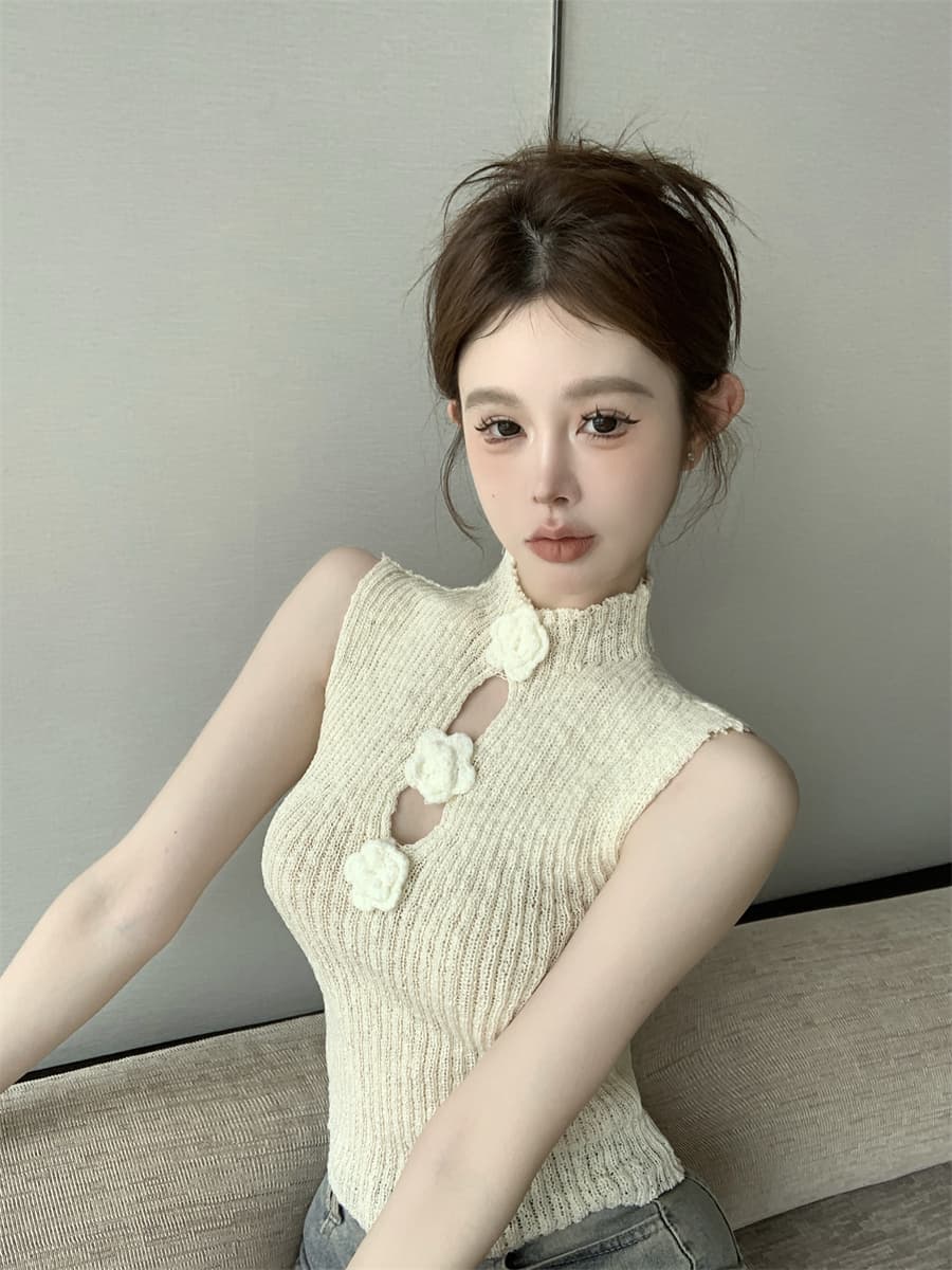 실사 정가 부드러운 핫걸 디자인 센스 3 차원 꽃 스탠드 칼라 몸매 가꾸기 슬림해 보이는 홀로우 아웃 민소매 니트 조끼 상세 이미지 17