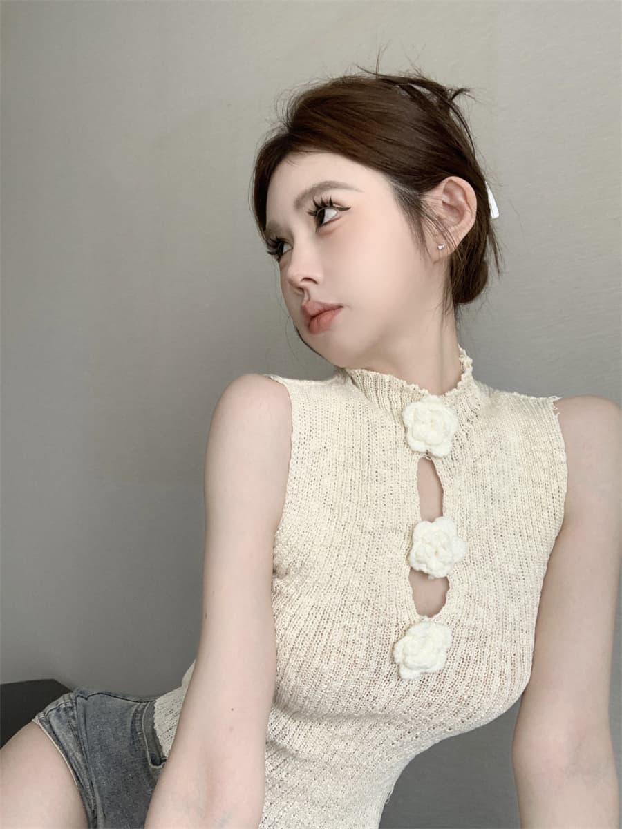 실사 정가 부드러운 핫걸 디자인 센스 3 차원 꽃 스탠드 칼라 몸매 가꾸기 슬림해 보이는 홀로우 아웃 민소매 니트 조끼 상세 이미지 20