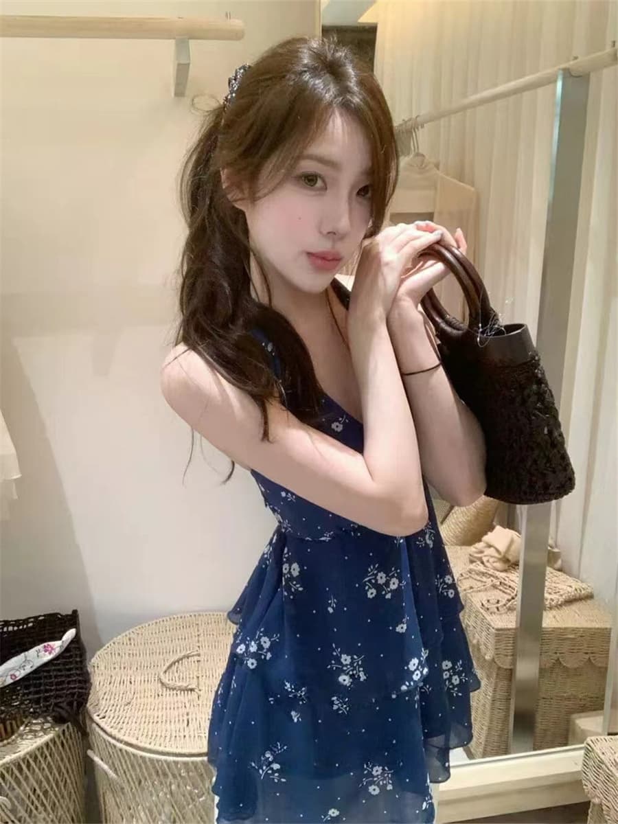 실사 달콤한 핫걸 레트로 여름 센스 민소매 V넥 행침 목 허리 수축 쇼트 스타일 해군 작은 쿠이 후아 조끼 스커트 여성 상세 이미지 8