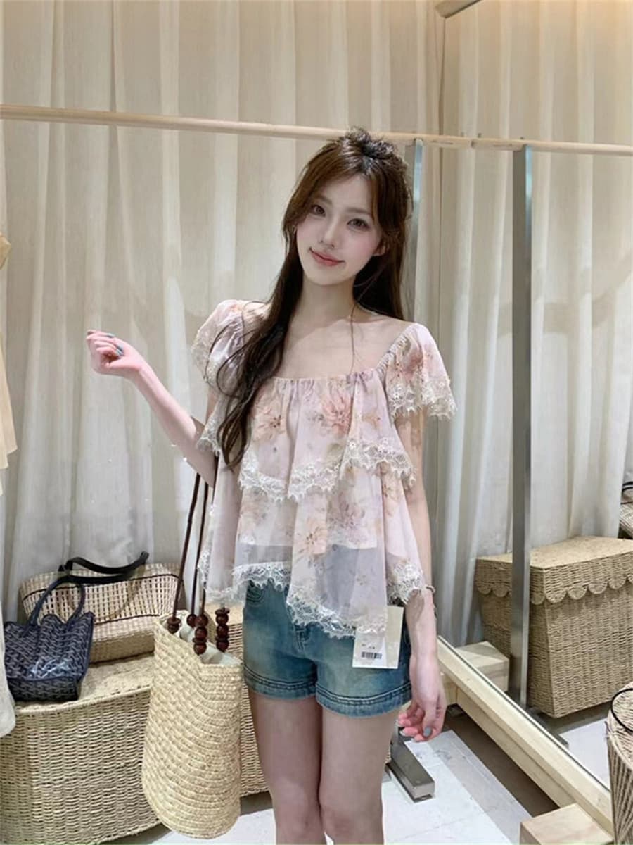 실사 순수한 욕망 분위기 센스 팔레트 낭만주의 프린트 쉬폰 패치워크 레이스 불규칙 Feifei 소매 작은 셔츠 상세 이미지 5