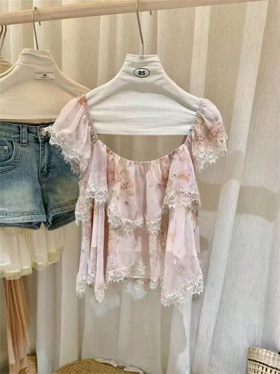 실사 순수한 욕망 분위기 센스 팔레트 낭만주의 프린트 쉬폰 패치워크 레이스 불규칙 Feifei 소매 작은 셔츠 상세 이미지 6