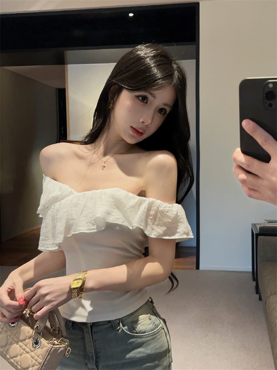 실사 정가 핫걸 프랑스식 다중 레이어 자르기 패치워크 프릴 오프숄더 슬림해 보이는 쇼트 스타일 긍정적 인 어깨 의류 여성 상세 이미지 1