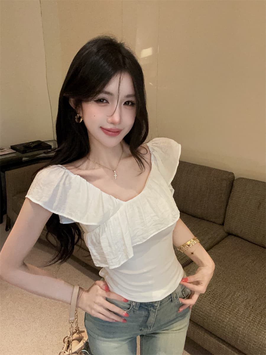 실사 정가 핫걸 프랑스식 다중 레이어 자르기 패치워크 프릴 오프숄더 슬림해 보이는 쇼트 스타일 긍정적 인 어깨 의류 여성 상세 이미지 3