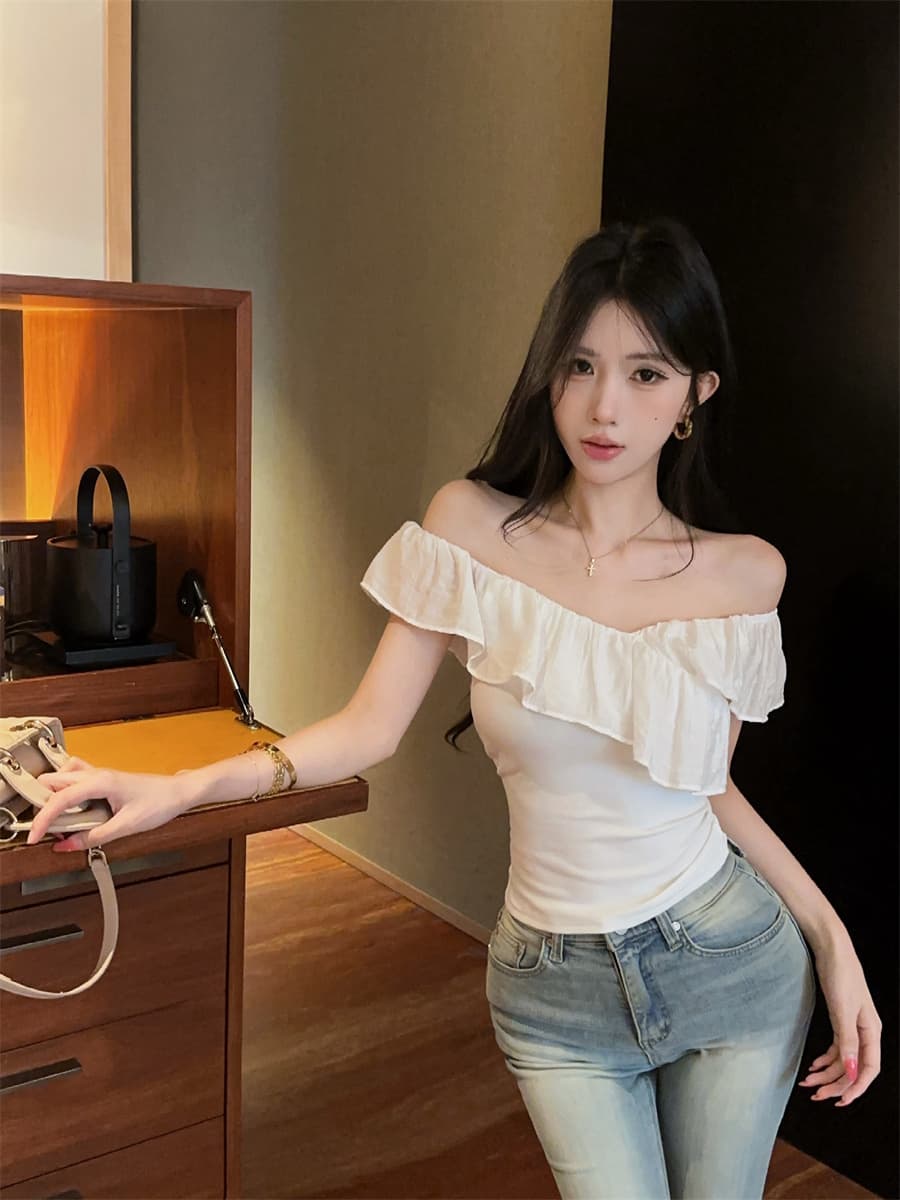실사 정가 핫걸 프랑스식 다중 레이어 자르기 패치워크 프릴 오프숄더 슬림해 보이는 쇼트 스타일 긍정적 인 어깨 의류 여성 상세 이미지 4
