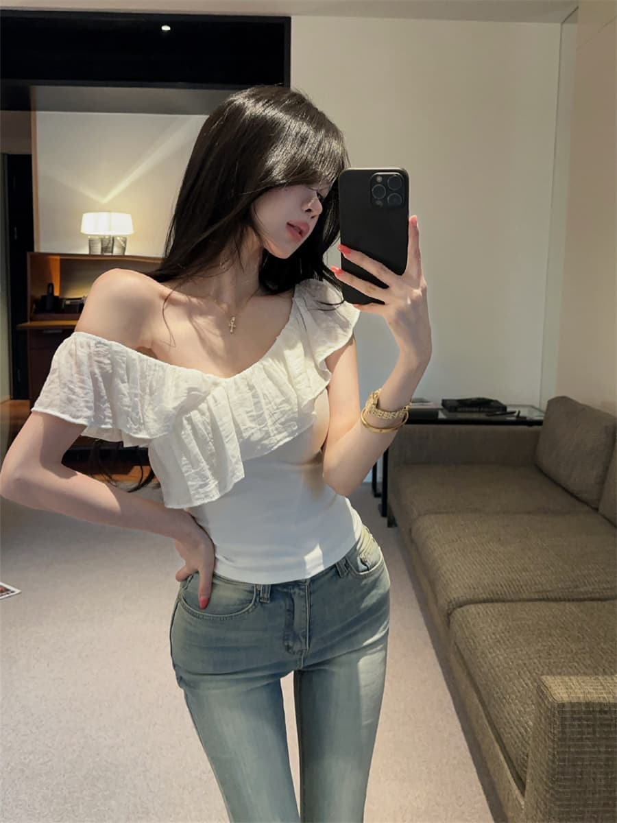 실사 정가 핫걸 프랑스식 다중 레이어 자르기 패치워크 프릴 오프숄더 슬림해 보이는 쇼트 스타일 긍정적 인 어깨 의류 여성 상세 이미지 7