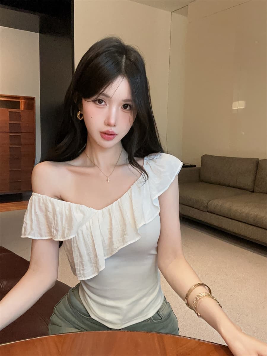 실사 정가 핫걸 프랑스식 다중 레이어 자르기 패치워크 프릴 오프숄더 슬림해 보이는 쇼트 스타일 긍정적 인 어깨 의류 여성 상세 이미지 8