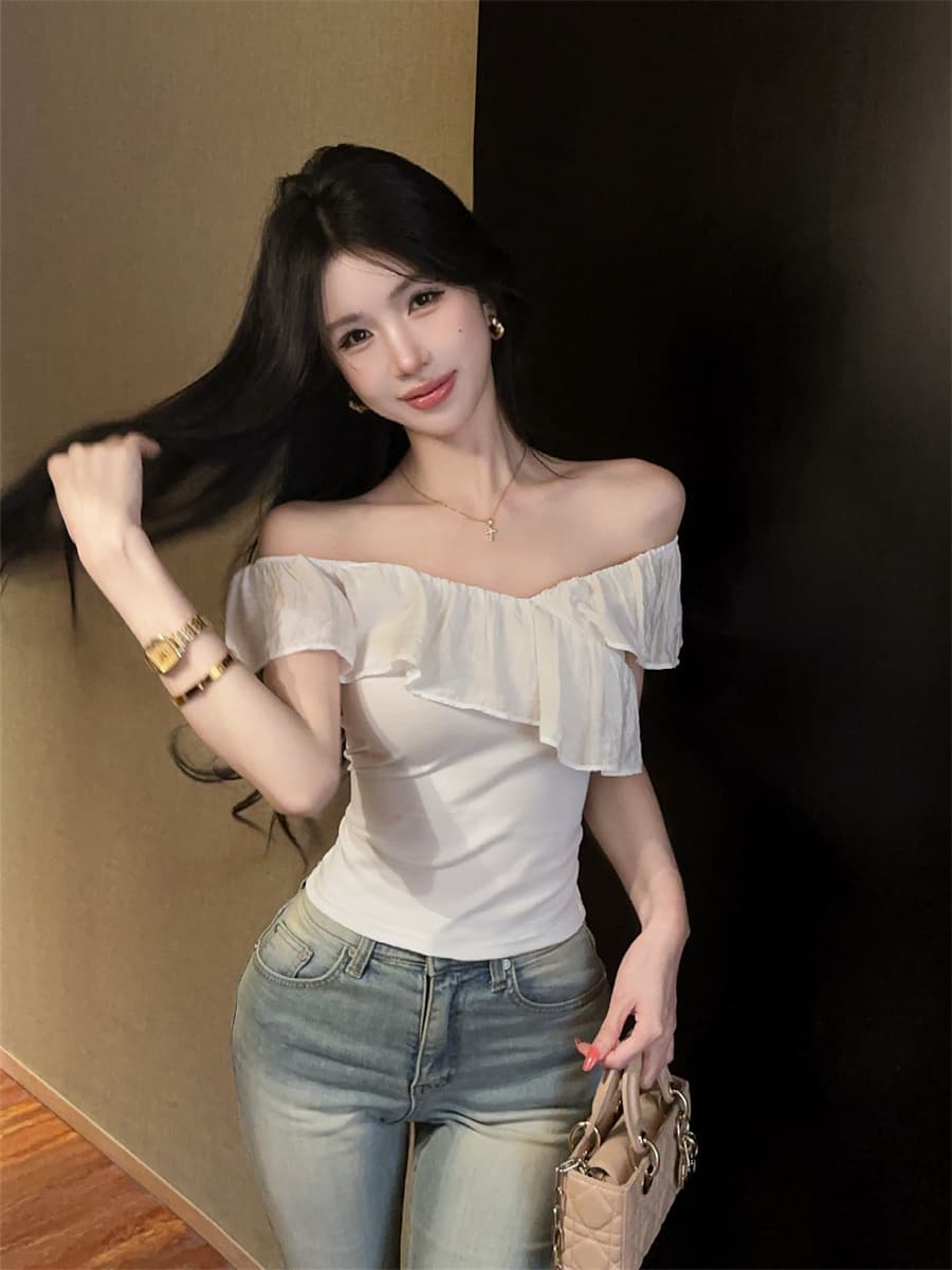 실사 정가 핫걸 프랑스식 다중 레이어 자르기 패치워크 프릴 오프숄더 슬림해 보이는 쇼트 스타일 긍정적 인 어깨 의류 여성 상세 이미지 9