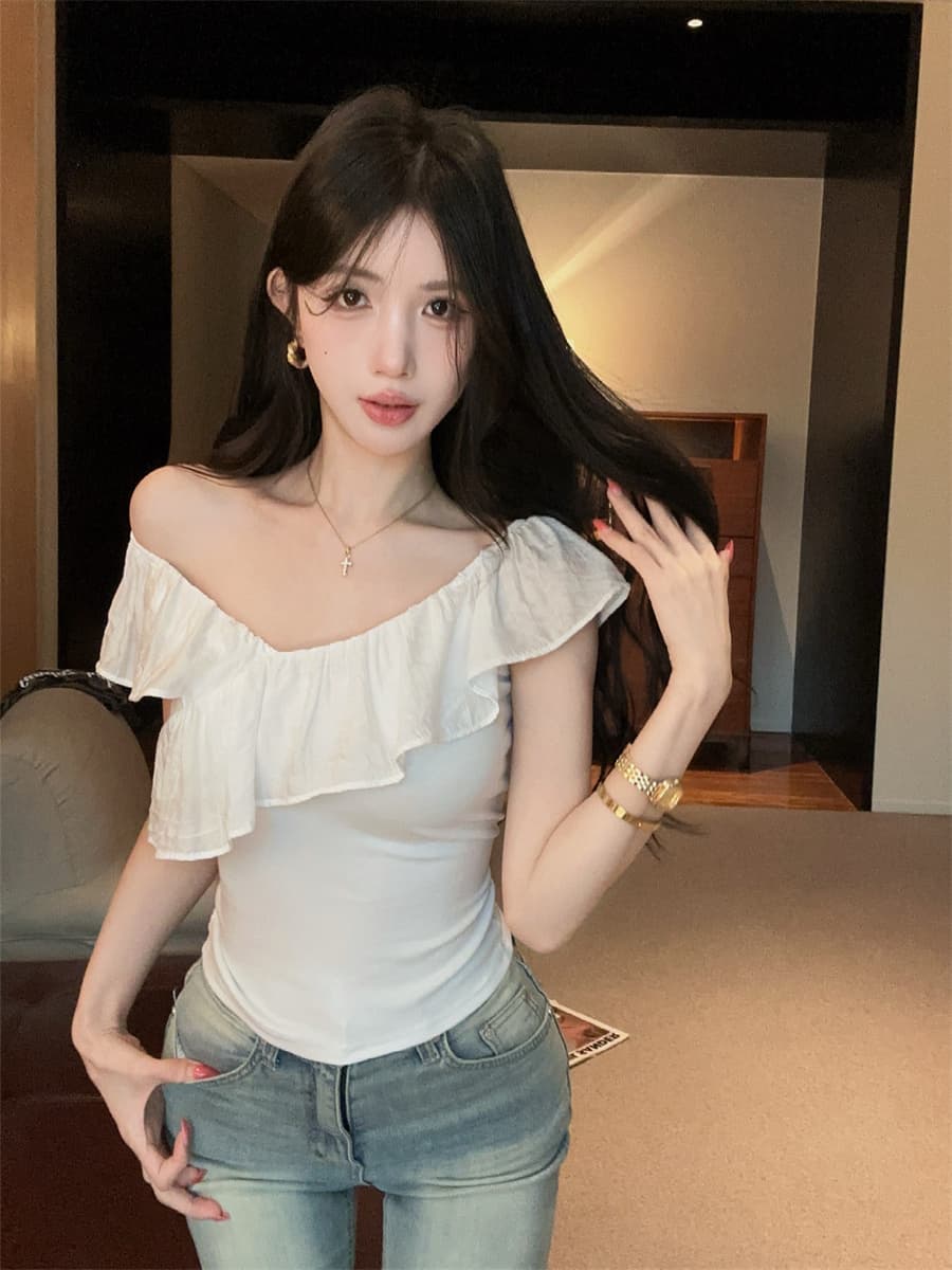 실사 정가 핫걸 프랑스식 다중 레이어 자르기 패치워크 프릴 오프숄더 슬림해 보이는 쇼트 스타일 긍정적 인 어깨 의류 여성 상세 이미지 10