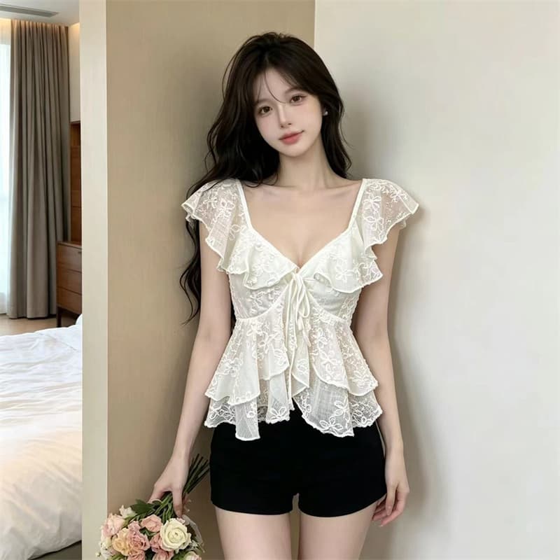 실사 정가 순수한 욕망 한 부서 V넥 레이스 자수 프릴 작은 날다 소매 연령 감소 빛 럭셔리 슬림해 보이는 셔츠 작은 셔츠 상세 이미지 4