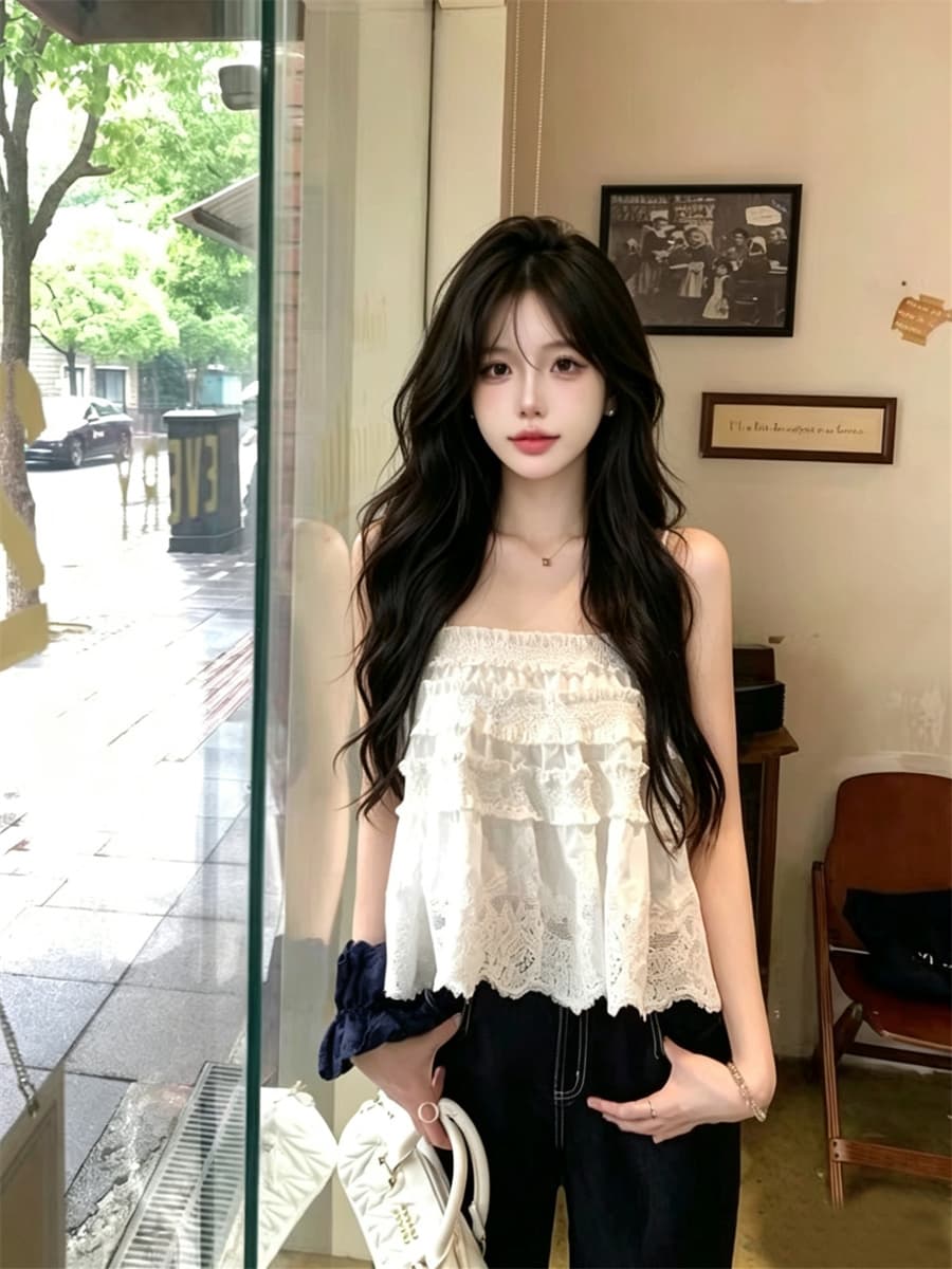 실사 정가 디자인 센스 달콤함 프릴 연령 감소 화이트 레이스 레이스 홀로우 아웃 루즈핏 쇼트 스타일 슬립 여성 이미지 4
