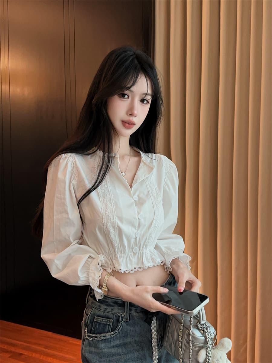 실사 정가 디자인 센스 프랑스식 소녀 센스 화이트 레이스 레이스 패치워크 거품 소매 쇼트 스타일 여성 셔츠 상세 이미지 2