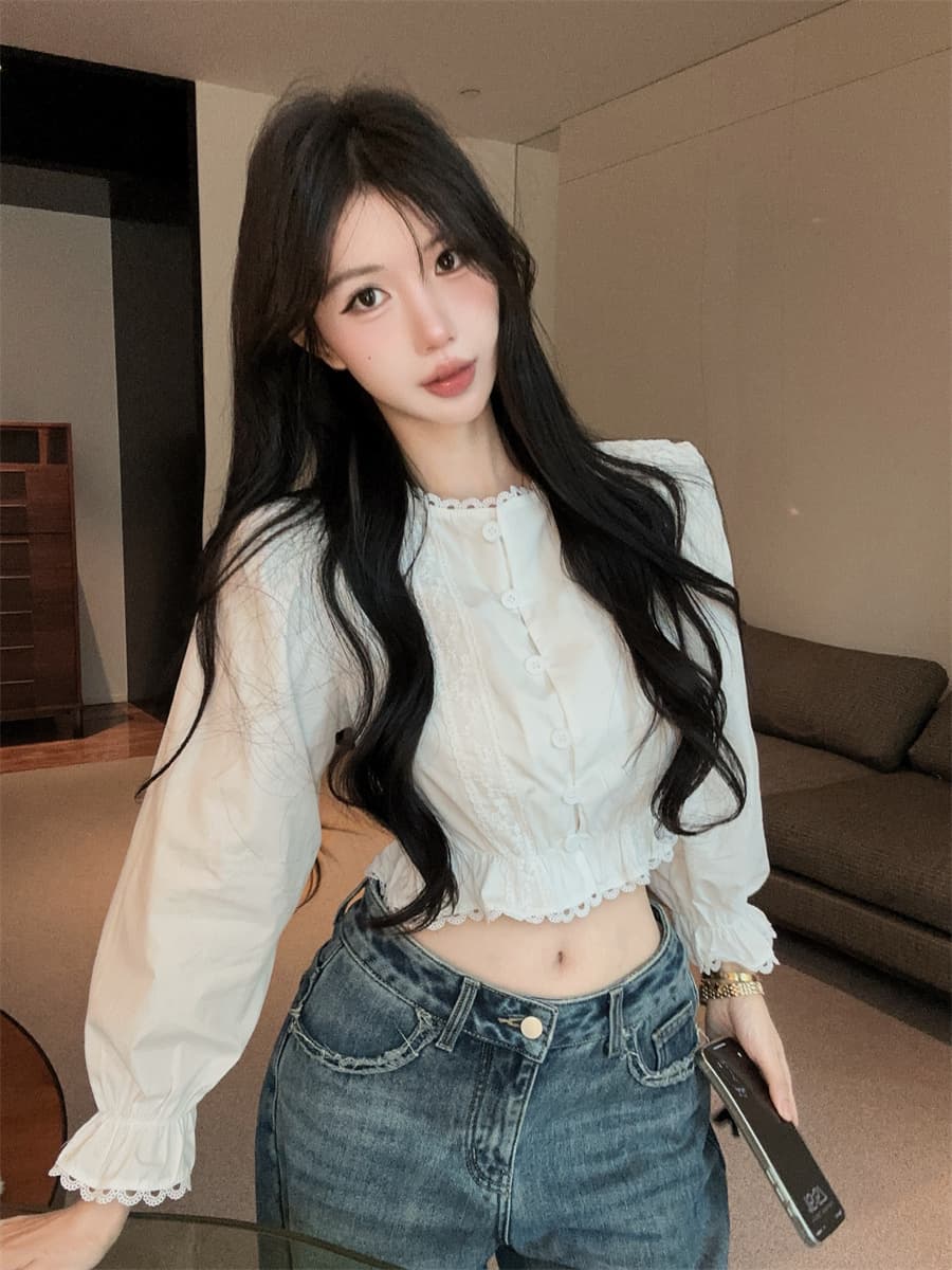 실사 정가 디자인 센스 프랑스식 소녀 센스 화이트 레이스 레이스 패치워크 거품 소매 쇼트 스타일 여성 셔츠 상세 이미지 3