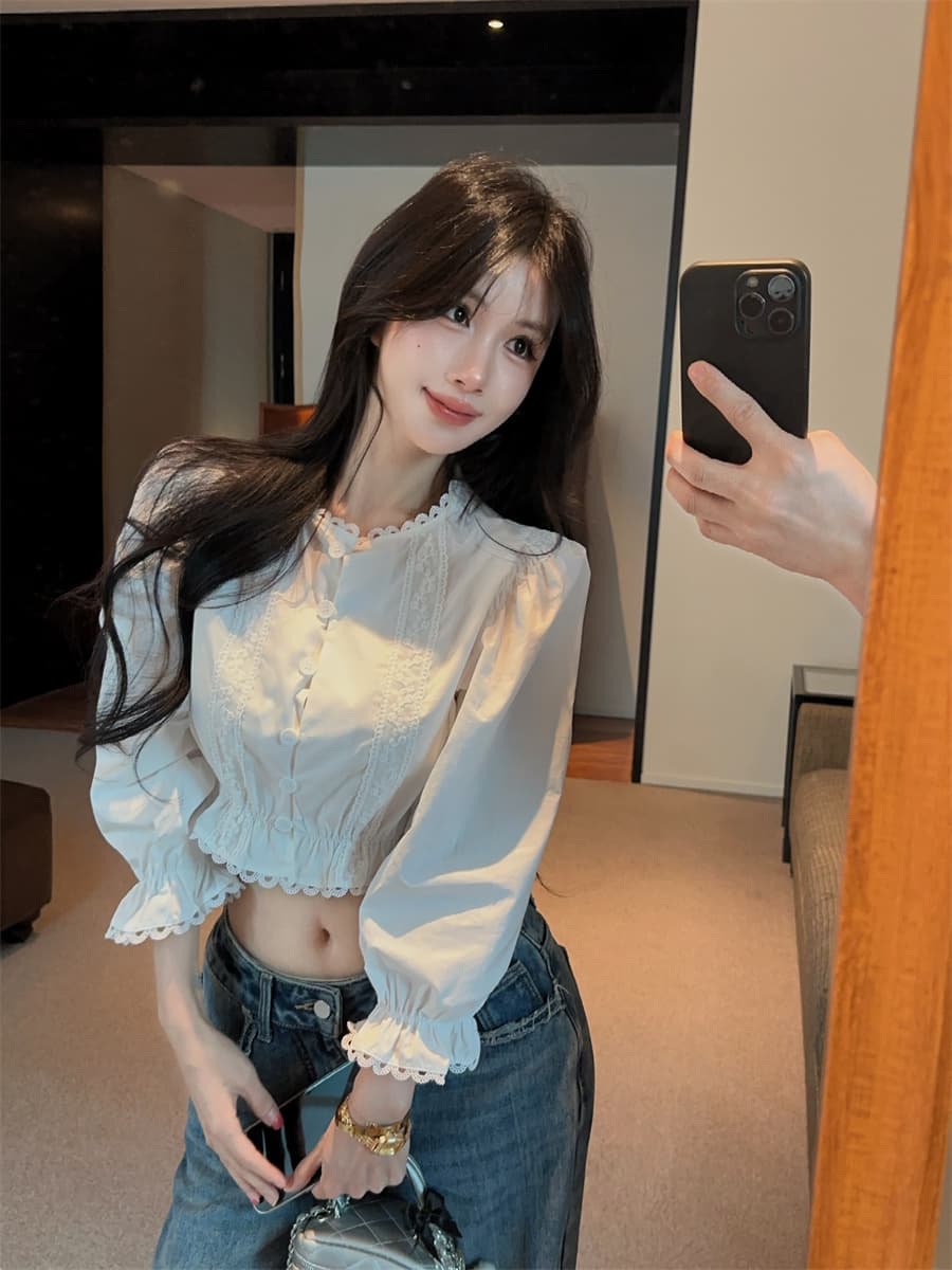 실사 정가 디자인 센스 프랑스식 소녀 센스 화이트 레이스 레이스 패치워크 거품 소매 쇼트 스타일 여성 셔츠 상세 이미지 4