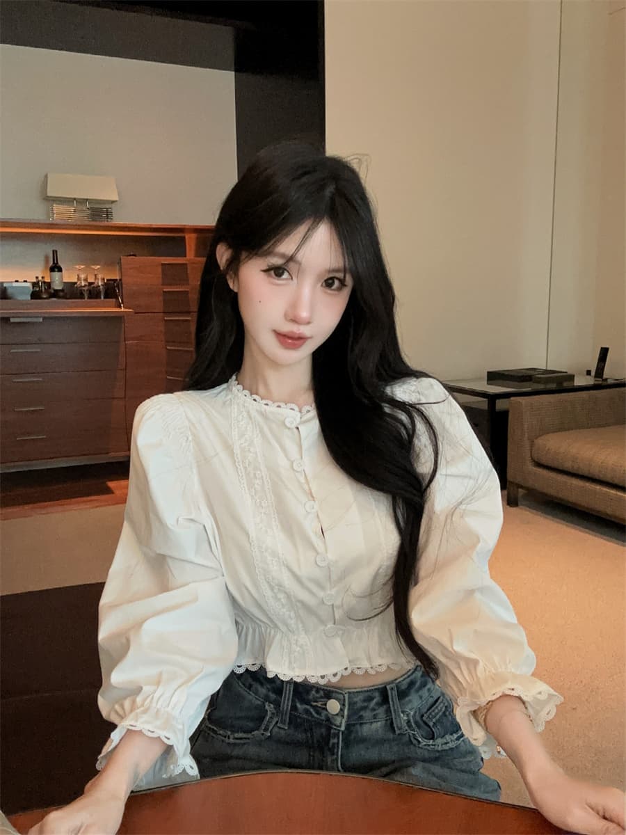 실사 정가 디자인 센스 프랑스식 소녀 센스 화이트 레이스 레이스 패치워크 거품 소매 쇼트 스타일 여성 셔츠 상세 이미지 5