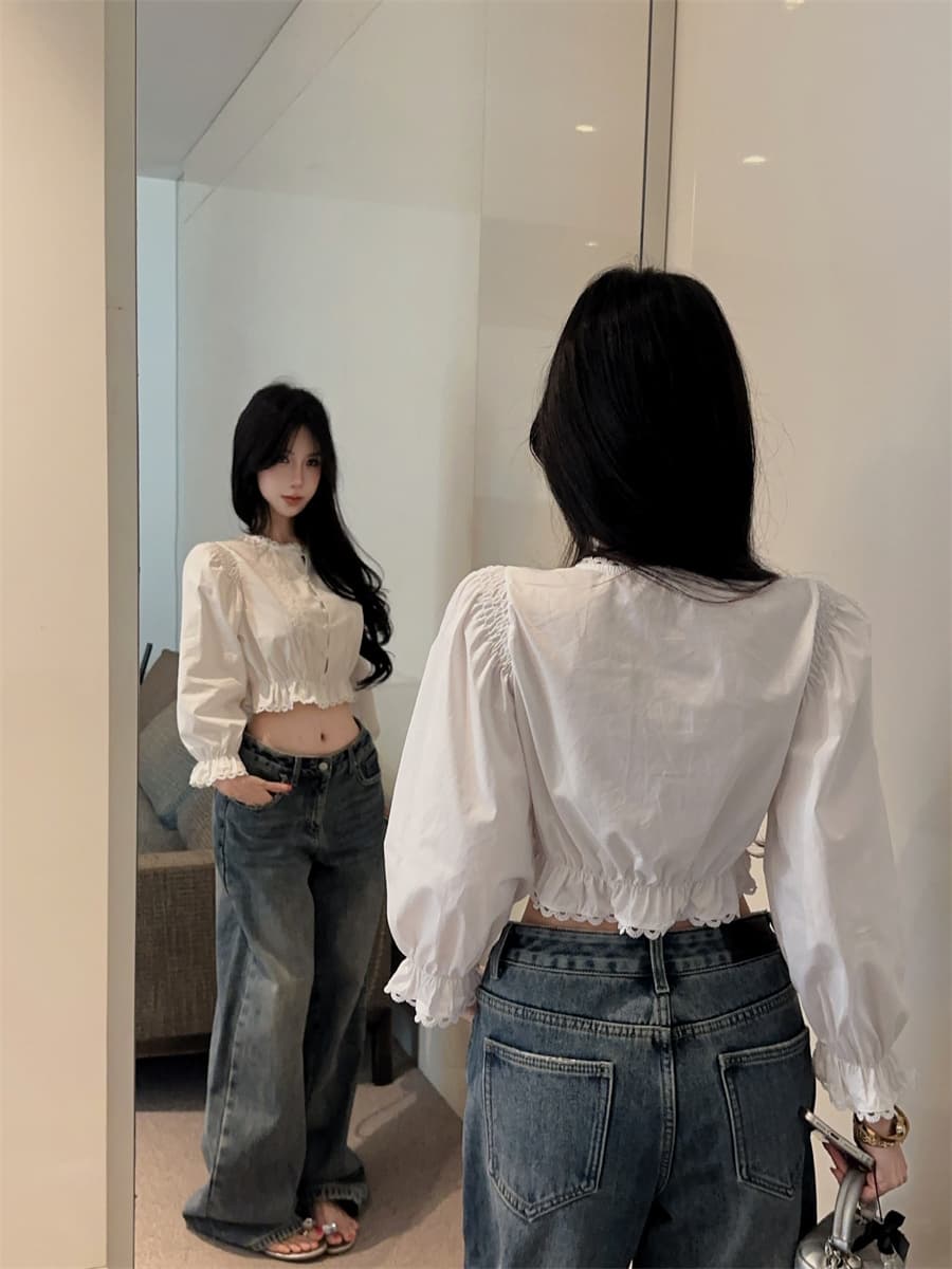 실사 정가 디자인 센스 프랑스식 소녀 센스 화이트 레이스 레이스 패치워크 거품 소매 쇼트 스타일 여성 셔츠 상세 이미지 6