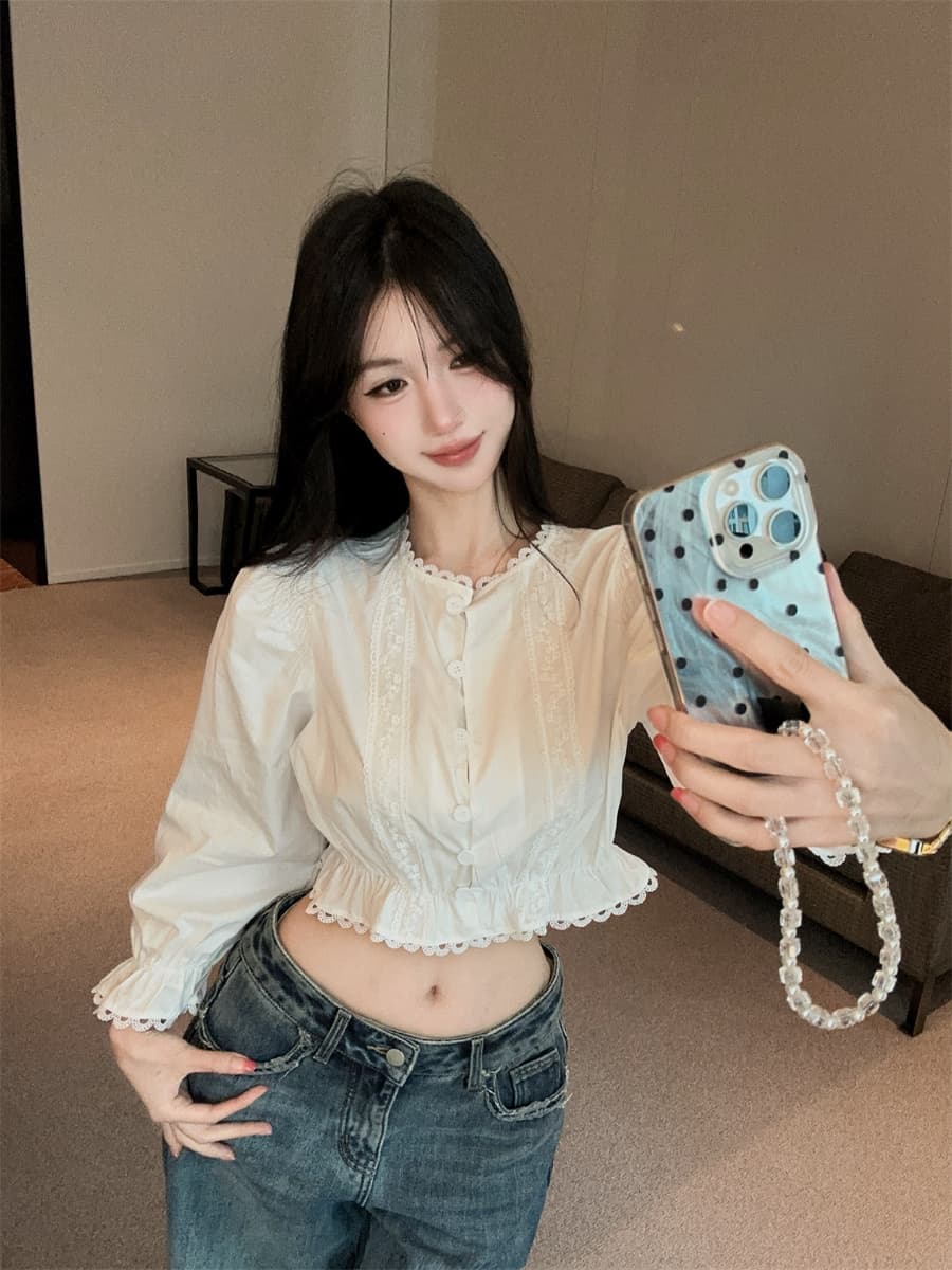 실사 정가 디자인 센스 프랑스식 소녀 센스 화이트 레이스 레이스 패치워크 거품 소매 쇼트 스타일 여성 셔츠 상세 이미지 7