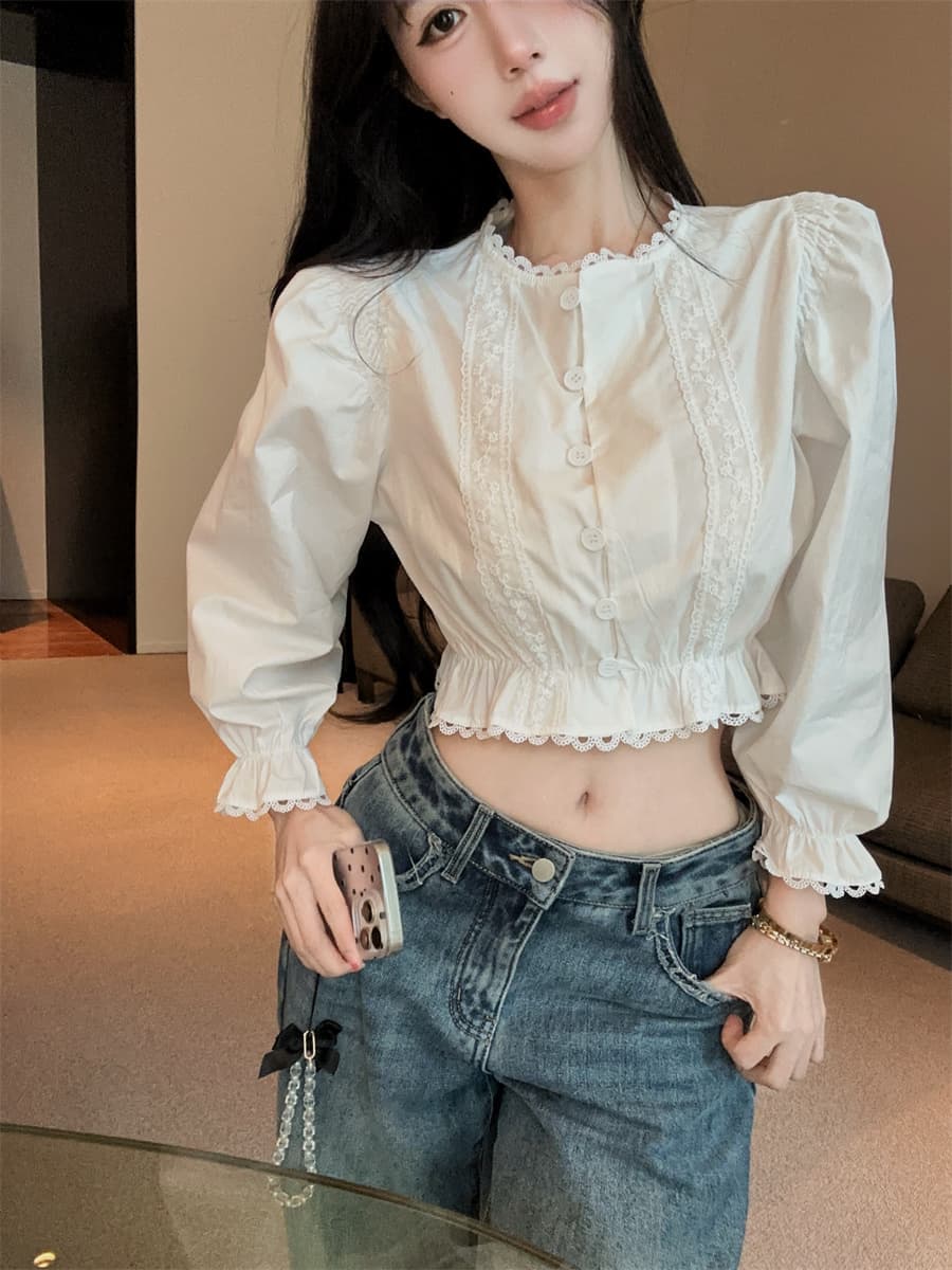 실사 정가 디자인 센스 프랑스식 소녀 센스 화이트 레이스 레이스 패치워크 거품 소매 쇼트 스타일 여성 셔츠 상세 이미지 8