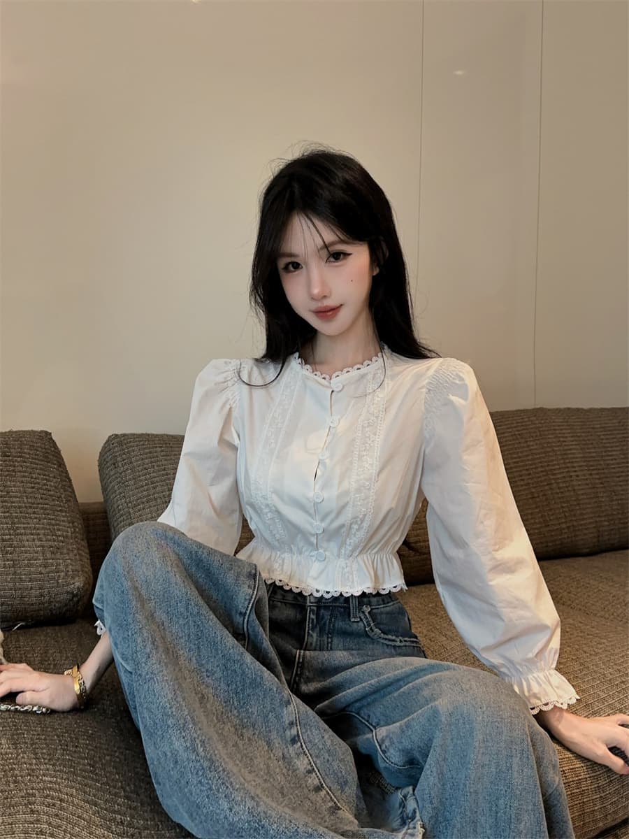실사 정가 디자인 센스 프랑스식 소녀 센스 화이트 레이스 레이스 패치워크 거품 소매 쇼트 스타일 여성 셔츠 상세 이미지 10