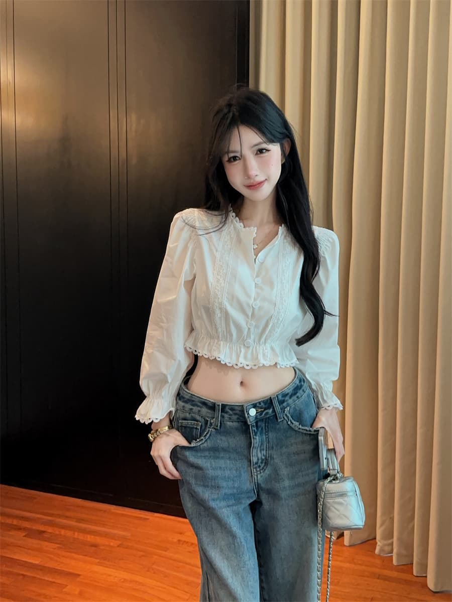 실사 정가 디자인 센스 프랑스식 소녀 센스 화이트 레이스 레이스 패치워크 거품 소매 쇼트 스타일 여성 셔츠 상세 이미지 11