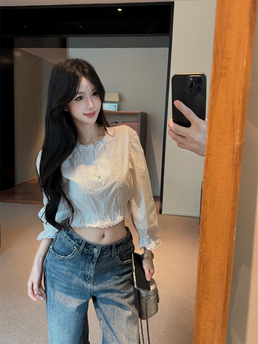 실사 정가 디자인 센스 프랑스식 소녀 센스 화이트 레이스 레이스 패치워크 거품 소매 쇼트 스타일 여성 셔츠 상세 이미지 12