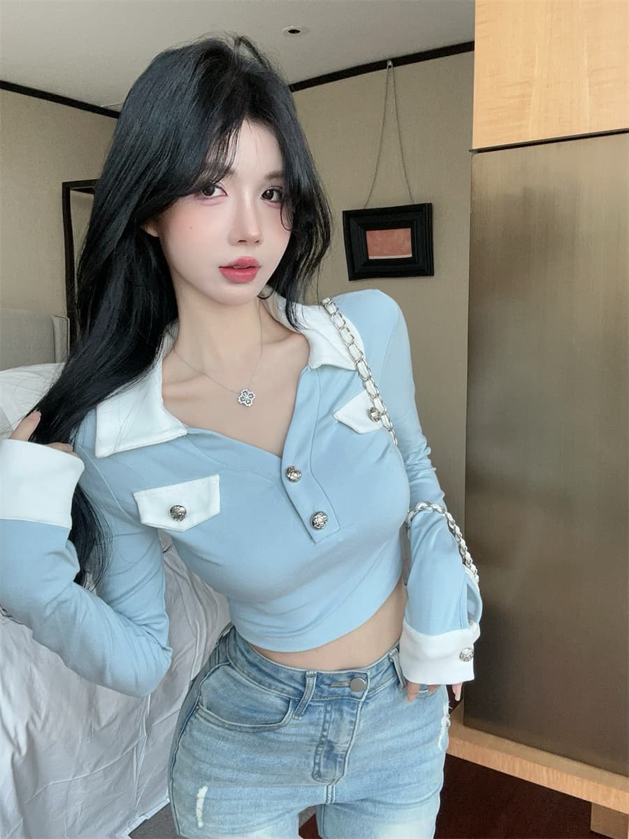 실사 정가 작은 샤넬 스타일 핫걸 디자인 센스 셔츠 칼라 배색 패치워크 몸매 가꾸기 슬림해 보이는 쇼트 스타일 V넥 맨위 여성 상세 이미지 2